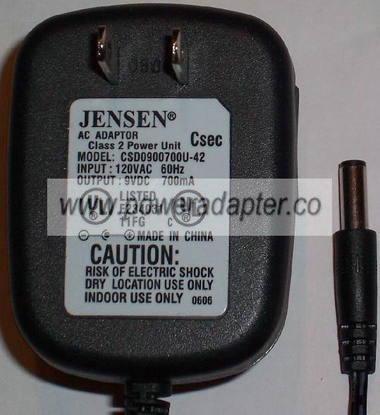 JENSEN CSD0900700U-42 AC ADAPTER 9VDC 0.7mA -( )- 2x5.5x13mm Use - Click Image to Close